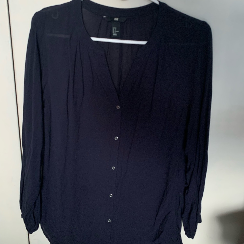 Navy thin Button down blouse - Picture 2 of 4